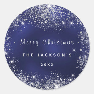 Christmas blue silver glitter classic round sticker