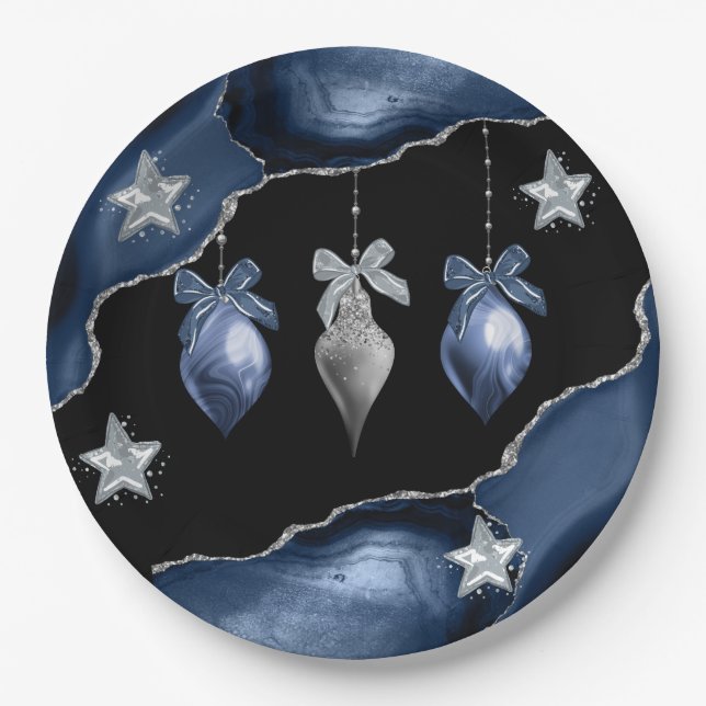Christmas Blue/Silver Ornaments on Agate Art Paper Plate (Front)