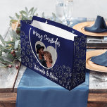 Christmas blue silver snow photo heart large gift bag<br><div class="desc">A navy blue background. The blue colour is uneven. Decorated with snowflakes. Personalise and add your name(s). Heart shaped photo frame. Blue text.</div>