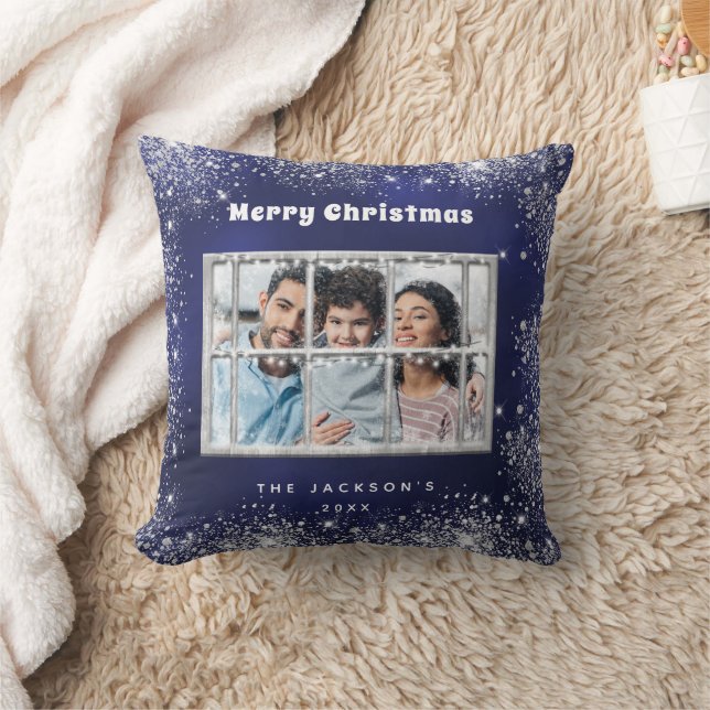 Christmas blue silver snow photo winter window  cushion (Blanket)