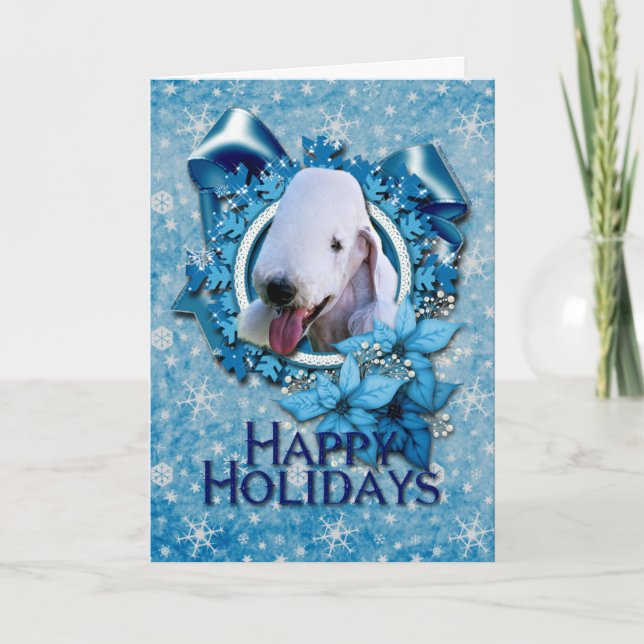Christmas - Blue Snowflake - Bedlington Terrier Holiday Card (Front)