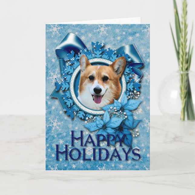 Christmas - Blue Snowflake - Corgi - Owen Holiday Card (Front)