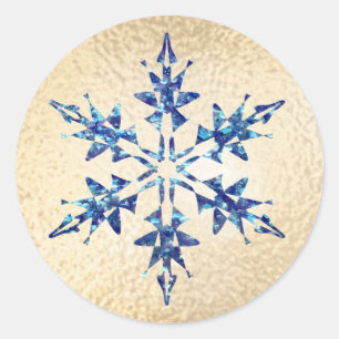 Christmas Blue Snowflake Sparkle Gold Classic Round Sticker