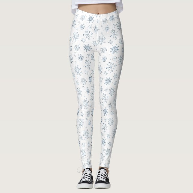 Christmas Blue Snowflake Watercolor Leggings (Front)