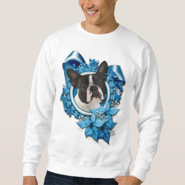 Christmas - Blue Snowflakes - Boston Terrier Sweatshirt (Front)