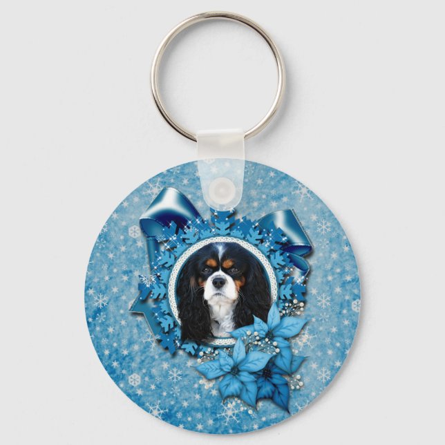 Christmas - Blue Snowflakes - Cavaliers Key Ring (Front)