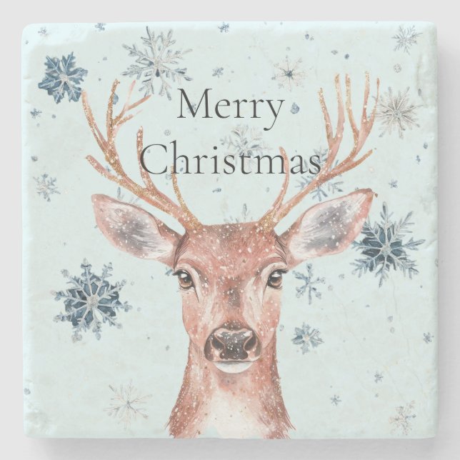 Christmas Blue Snowflakes Deer  Stone Coaster (Front)
