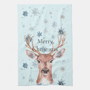 Christmas Blue Snowflakes Deer Tea Towel