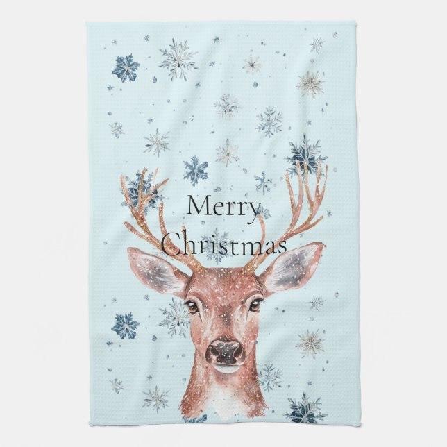 Christmas Blue Snowflakes Deer  Tea Towel (Vertical)