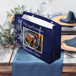 Christmas blue snowflakes photo large gift bag<br><div class="desc">A navy blue background. Decorated with faux silver snowflakes. Personalise and add your name(s).  White text.</div>