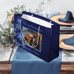 Christmas blue snowflakes photo large gift bag<br><div class="desc">A navy blue background. Decorated with snowflakes. Personalise and add your name(s).  Blue text.</div>