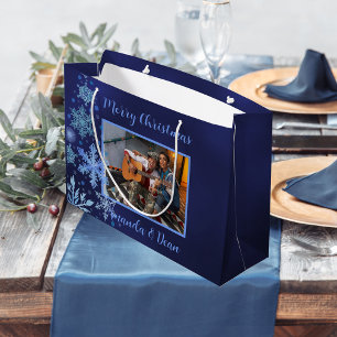 Christmas blue snowflakes photo large gift bag