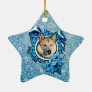 Christmas - Blue Snowflakes - Siberian Husky Ceramic Tree Decoration