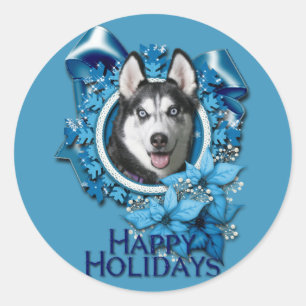 Christmas - Blue Snowflakes - Siberian Husky Classic Round Sticker