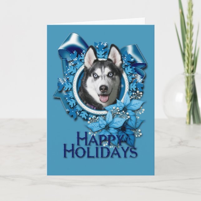 Christmas - Blue Snowflakes - Siberian Husky Holiday Card (Front)