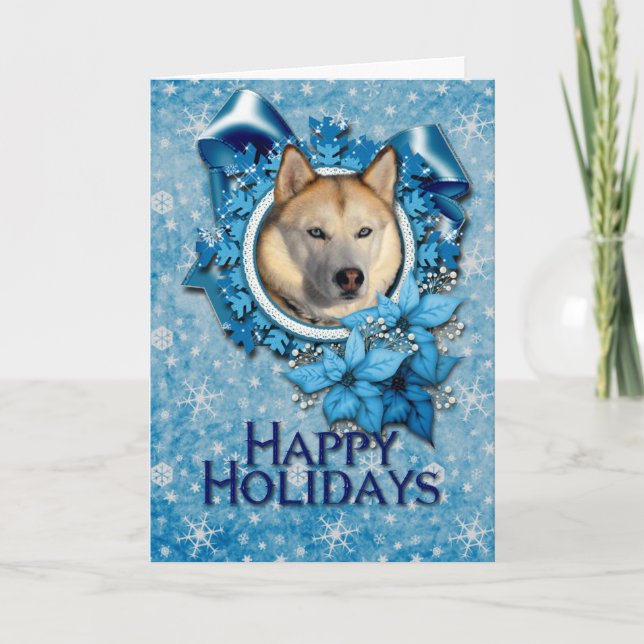 Christmas - Blue Snowflakes - Siberian Husky Holiday Card (Front)