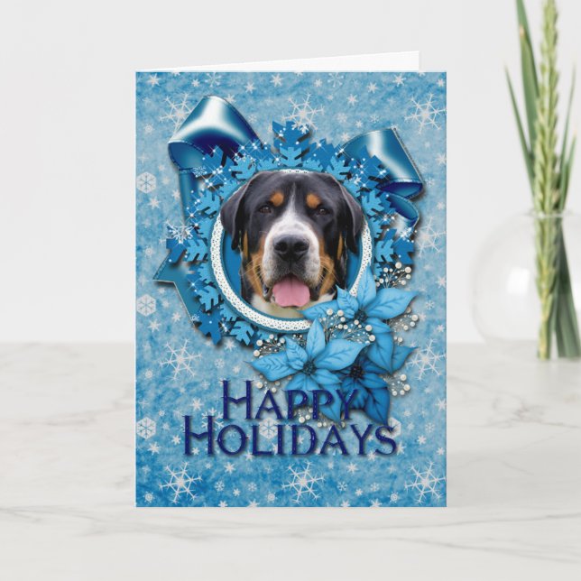 Christmas - Blue Snowflakes - Swiss Mountain Dog Holiday Card (Front)