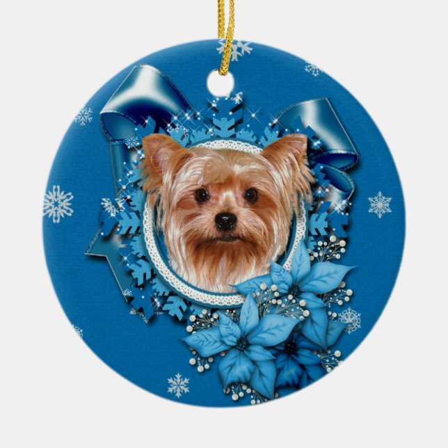 Christmas - Blue Snowflakes - Yorkshire Terrier Ceramic Tree Decoration (Front)