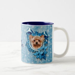 Christmas - Blue Snowflakes - Yorkshire Terrier Two-Tone Coffee Mug