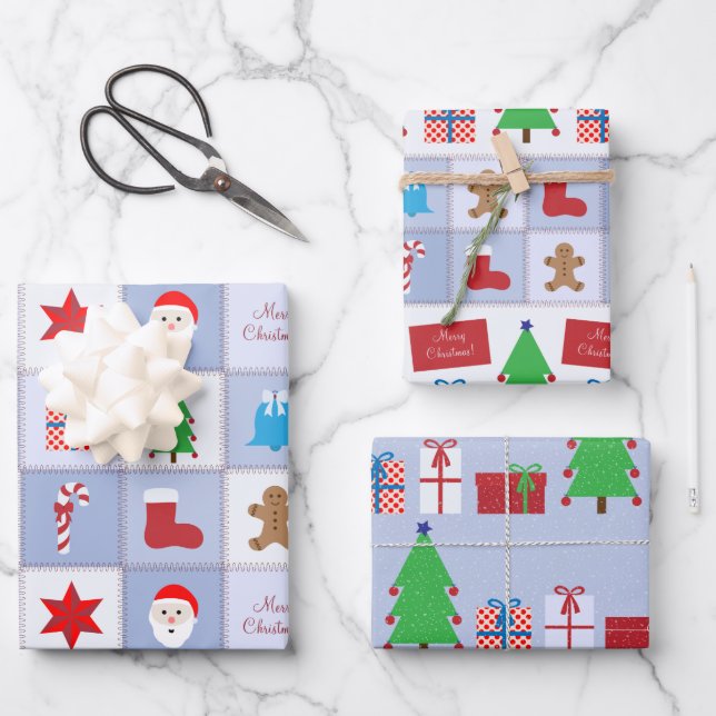 Christmas Blue Square Patterns Paper Sheets (Front)