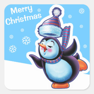 Christmas blue square sticker Penguin skating.