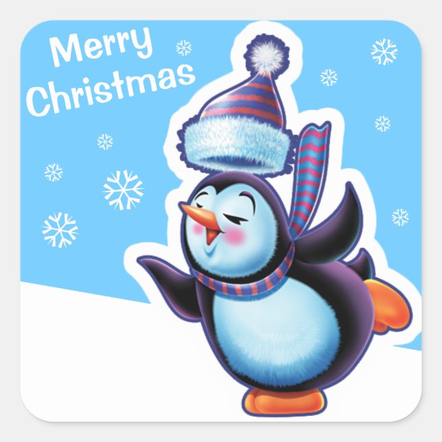 Christmas blue square sticker Penguin skating. (Front)