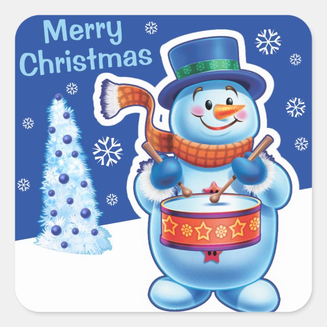 Christmas blue square sticker Snowman drummer. (Front)