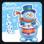 Christmas blue square sticker Snowman drummer.<br><div class="desc">Christmas bright blue square sticker Snowman drummer. and other Snowfolk. Winter Wonderland snowmen. Lovable wintery snowmen and snowgirl characters playing their instruments in a Christmas band. Also check out the matching lovable wintery characters with skating penguins, sledging snowgirls, skiing snowmen and skating snowmen : ) A lovely illustrated original sticker...</div>