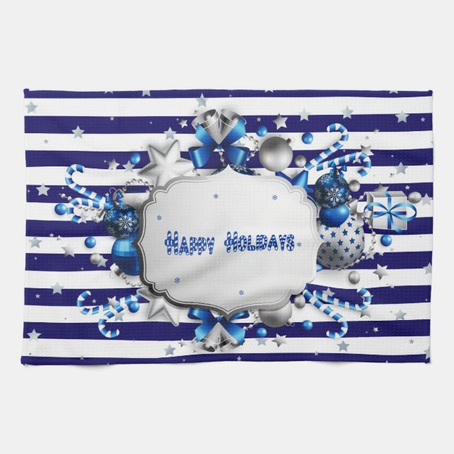 Christmas Blue Striped Kitchen Towel (Horizontal)