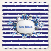 Christmas Blue Striped Paper Coaster