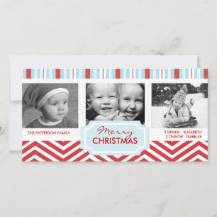 Christmas Blue Stripes Red Chevron Holiday Photo Card