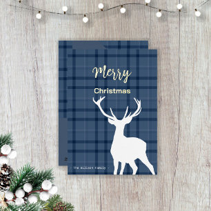 Christmas Blue Tartan And Deer Foil Holiday Card