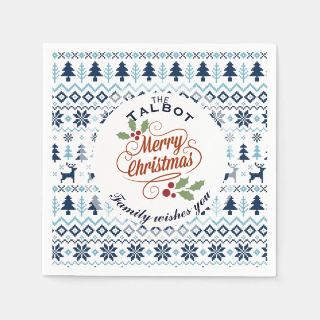 CHRISTMAS Blue Traditional personalised P Napkin (Front)