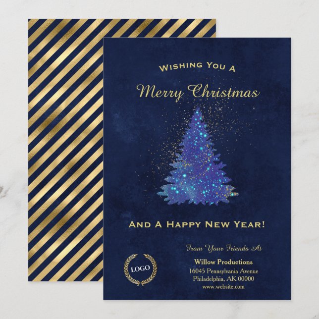 Christmas Blue Tree Business Logo Holiday Card (Front/Back)