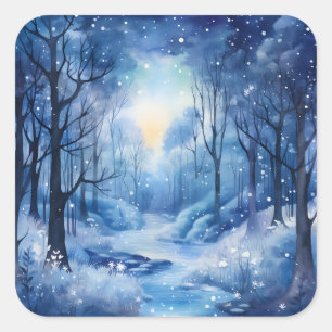 Christmas Blue Trees Woods River Snowy Scene Square Sticker