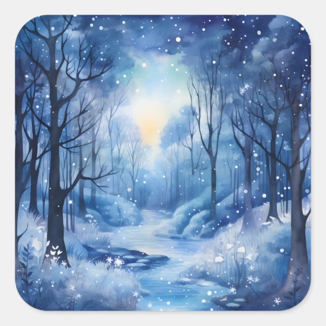 Christmas Blue Trees Woods River Snowy Scene Square Sticker (Front)
