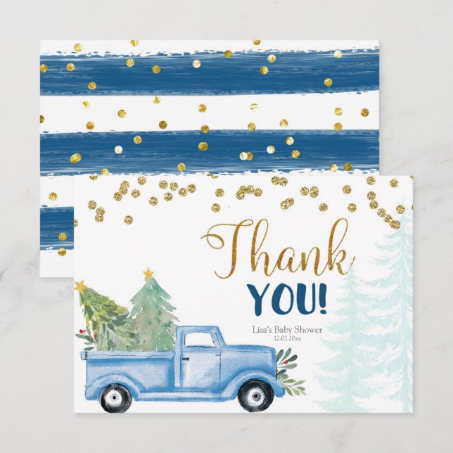 Christmas Blue Truck Baby Shower Thank You Card (Front/Back)