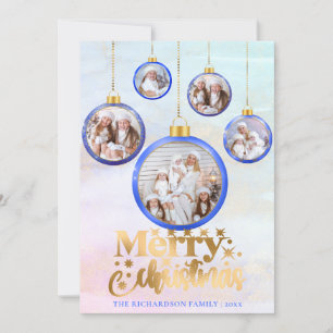 Christmas Blue Watercolor 5 Photo Ornament Holiday Card