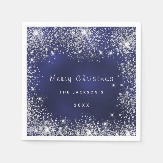 Christmas blue white glitter dust silver napkin (Front)