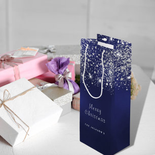 Christmas blue white glitter dust silver wine gift bag