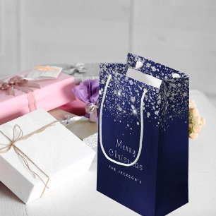 Christmas blue white glitter silver small gift bag