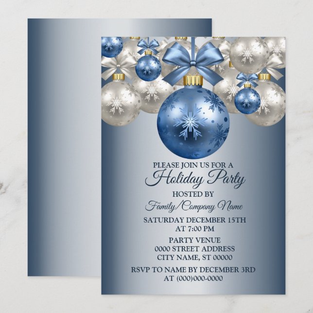 Christmas Blue White Ornaments Holidays Party Invitation (Front/Back)