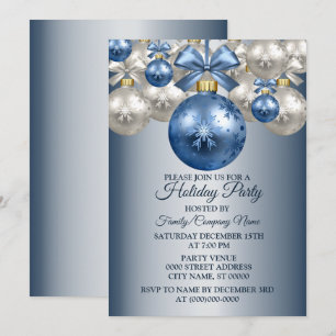 Christmas Blue White Ornaments Holidays Party Invitation