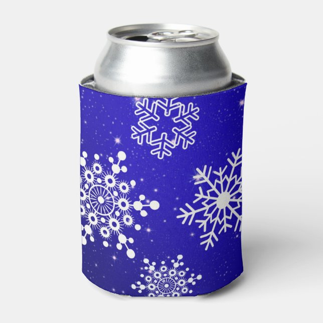 Christmas Blue & White Snowflake Ornament Can Cooler (Can Front)
