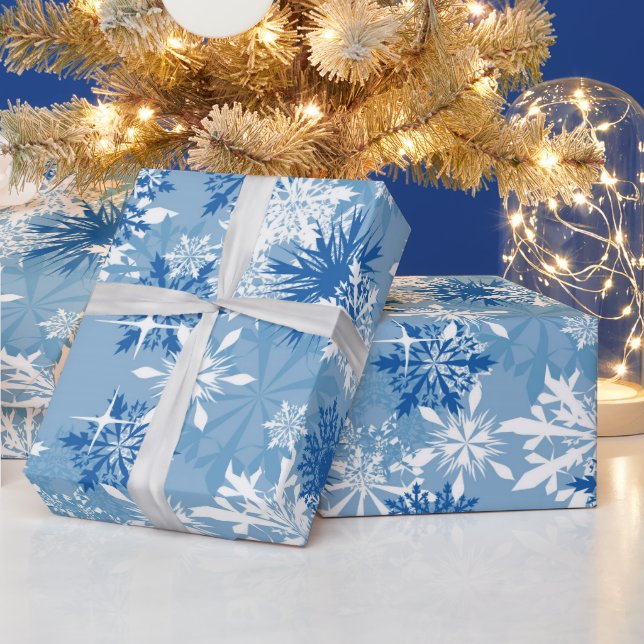 Christmas blue white snowflake pattern wrap wrapping paper (Holidays)