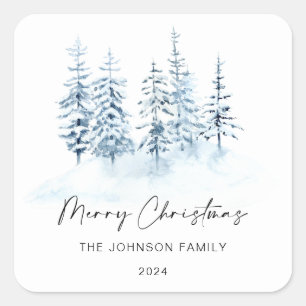 Christmas Blue Winter Forest Rustic Landscape  Square Sticker