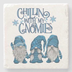 Christmas Blue Winter Trio Chillin With My Gnomies Stone Coaster