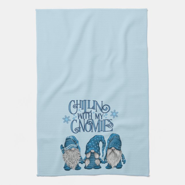 Christmas Blue Winter Trio Chillin With My Gnomies Tea Towel (Vertical)