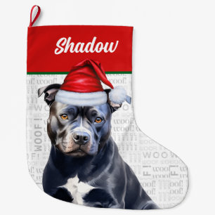 Christmas Bluenose Pitbull Name Woof Background Large Christmas Stocking