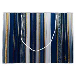Christmas Blues Stripes Blue White Gold Large Gift Bag
